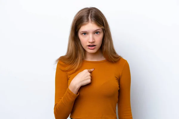 Adolescente Rusa Chica Aislado Blanco Fondo Apuntando Uno Mismo — Foto de Stock