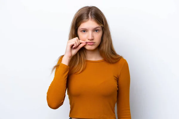 Teenager Russian Girl Isolated White Background Showing Sign Silence Gesture — Stock Photo, Image