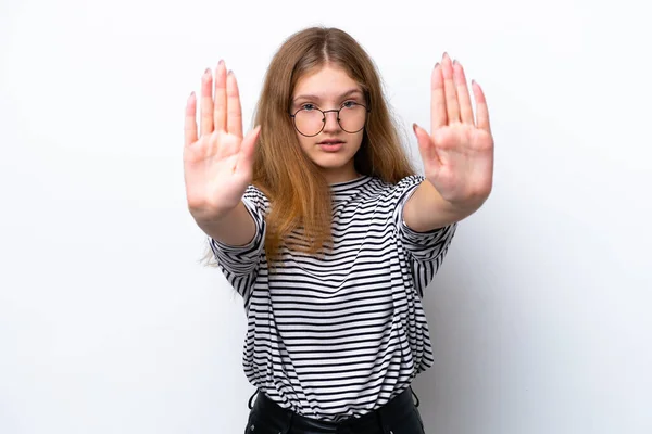 Adolescente Ragazza Russa Isolata Sfondo Bianco Facendo Gesto Arresto Deluso — Foto Stock