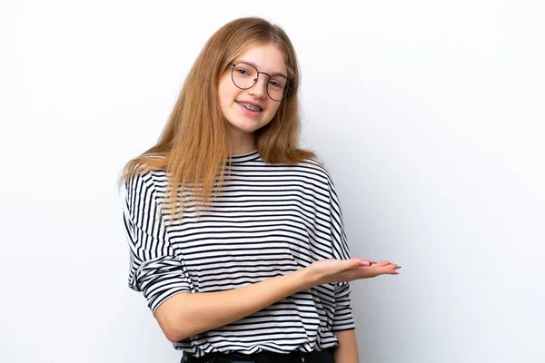 Teenager Russian Girl Isolated White Background Presenting Idea While Looking — Zdjęcie stockowe