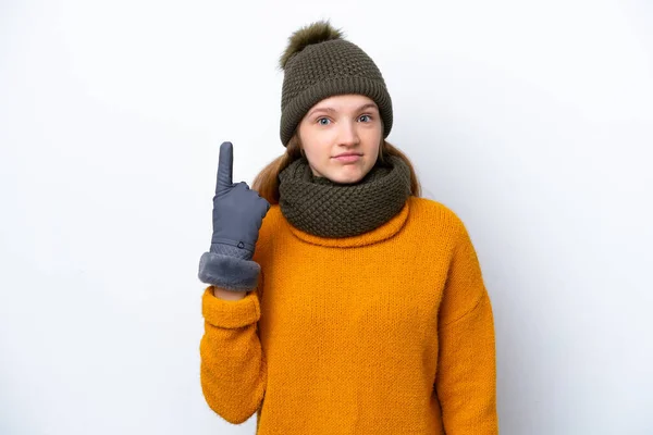 Teenager Russian Girl Wearing Winter Jacket Isolated White Background Pointing — Stockfoto