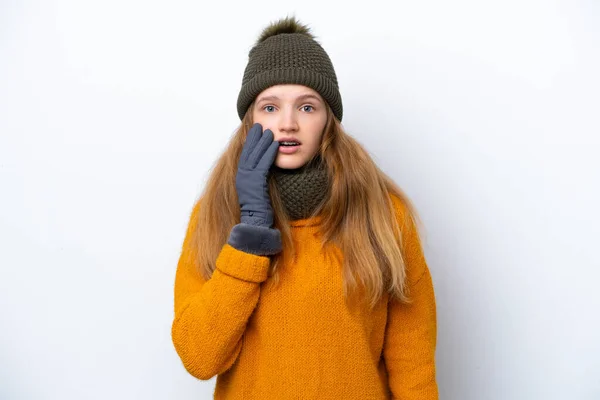 Teenager Russian Girl Wearing Winter Jacket Isolated White Background Surprised — Zdjęcie stockowe