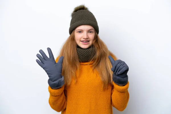 Adolescente Russo Menina Vestindo Casaco Inverno Isolado Fundo Branco Contando — Fotografia de Stock