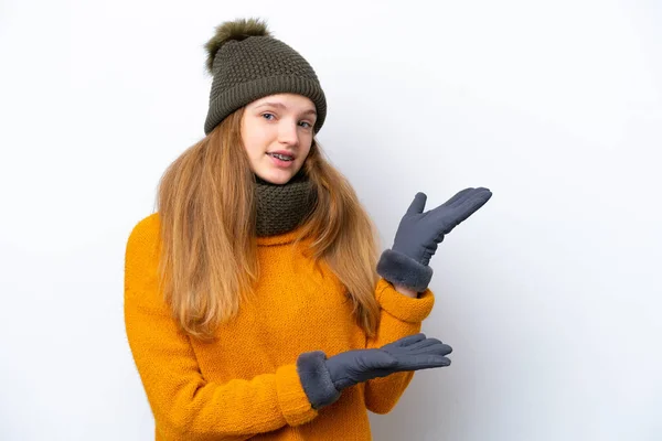 Teenager Russian Girl Wearing Winter Jacket Isolated White Background Extending — Foto de Stock