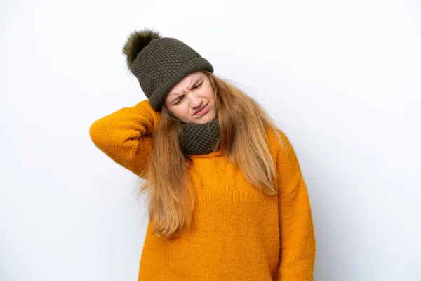 Teenager Russian Girl Wearing Winter Jacket Isolated White Background Neckache — Stockfoto