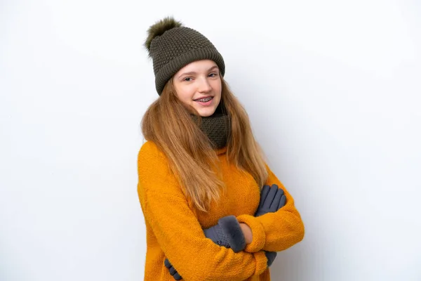Έφηβη Ρωσίδα Που Φοράει Χειμωνιάτικο Μπουφάν Απομονωμένη Λευκό Φόντο Σταυρωμένα — Φωτογραφία Αρχείου