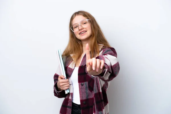 Teenager Student Russian Girl Isolated White Background Showing Lifting Finger — Stock Photo, Image