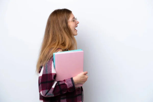 Studente Adolescente Ragazza Russa Isolata Sfondo Bianco Ridere Posizione Laterale — Foto Stock