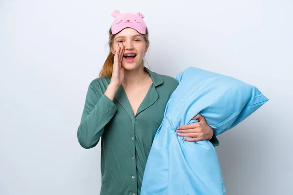 Teenager Russian Girl Isolated White Background Pajamas Shouting Mouth Wide — Stock Photo, Image