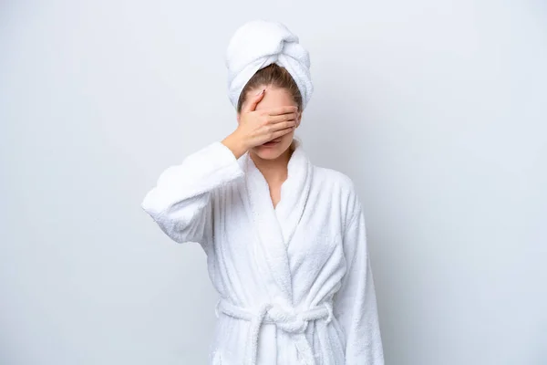 Teenager Russian Girl Bathrobe Isolated White Background Covering Eyes Hands — стоковое фото