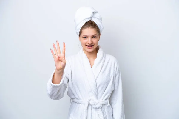 Adolescente Rusa Chica Albornoz Aislado Sobre Fondo Blanco Feliz Contando — Foto de Stock
