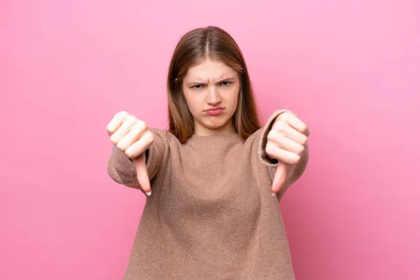 Teenager Russian Girl Isolated Pink Background Showing Thumb Two Hands — Stockfoto
