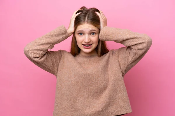 Teenager Russian Girl Isolated Pink Background Doing Nervous Gesture —  Fotos de Stock