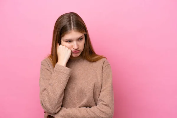 Teenager Russian Girl Isolated Pink Background Tired Bored Expression — Stockfoto
