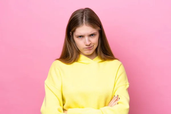 Teenager Russian Girl Isolated Pink Background Unhappy Expression — Stock Fotó