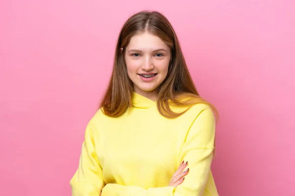 Teenager Russian Girl Isolated Pink Background Arms Crossed Looking Forward — Photo