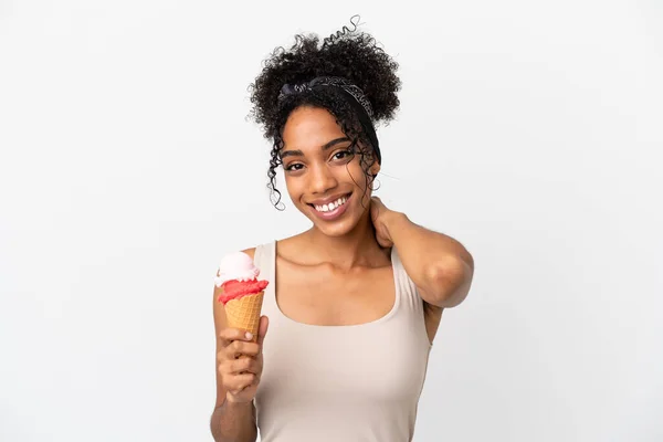 Joven Mujer Afroamericana Con Helado Corneta Aislado Sobre Fondo Blanco —  Fotos de Stock