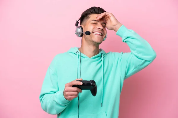 Young Handsome Caucasian Man Playing Video Game Controller Isolated Pink — Fotografia de Stock