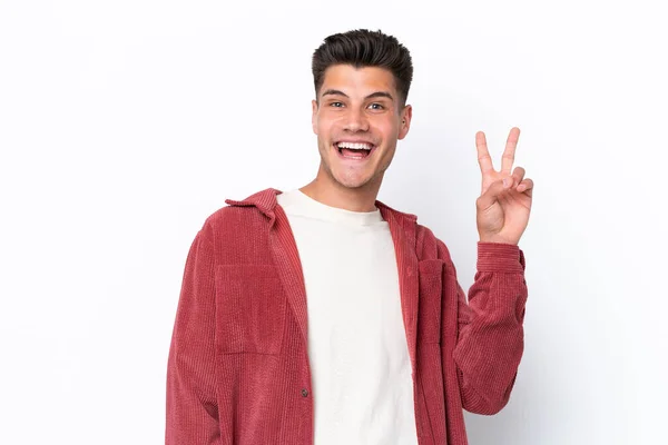 Jonge Blanke Man Geïsoleerd Witte Achtergrond Glimlachen Tonen Overwinning Teken — Stockfoto
