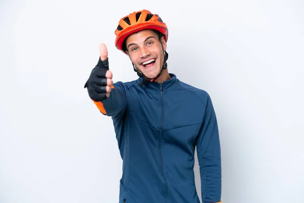 Jonge Fietser Blanke Man Geïsoleerd Witte Achtergrond Met Duimen Omhoog — Stockfoto