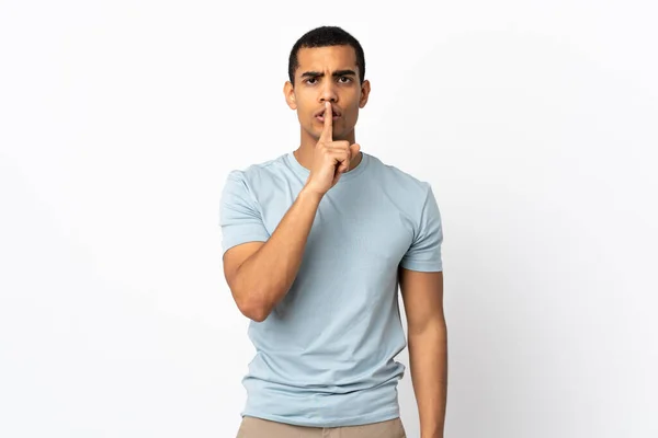 Uomo Afroamericano Sfondo Bianco Isolato Mostrando Segno Silenzio Gesto Mettendo — Foto Stock
