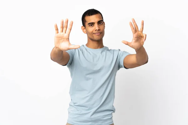 African American Man Isolated White Background Counting Nine Fingers — Stock fotografie