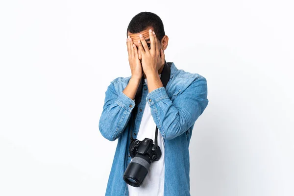 Young African American Photographer Man Isolated White Background Covering Eyes — Stock Fotó