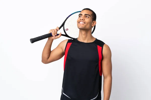 African American Man Isolated White Background Playing Tennis Looking — Stock Photo, Image