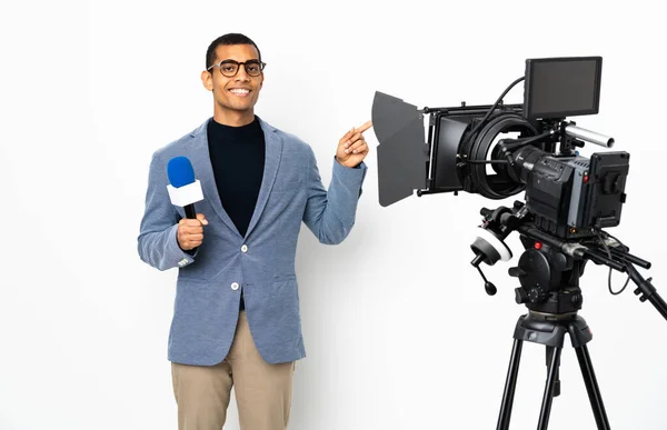 Reporter African American Man Holding Microphone Reporting News Isolated White — 스톡 사진