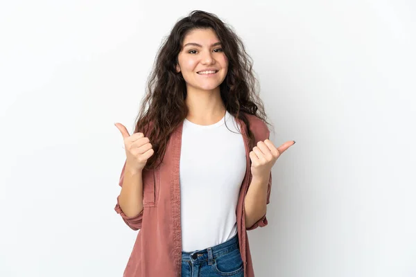 Teenager Russian Girl Isolated White Background Thumbs Gesture Smiling — ストック写真