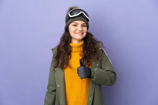 Tonåring Ryska Flicka Med Snowboard Glasögon Isolerad Lila Bakgrund Ger — Stockfoto