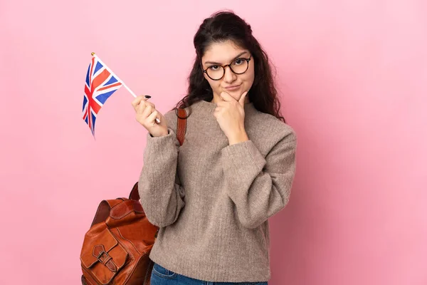Young Russian Woman Holding United Kingdom Flag Isolated Pink Background — 스톡 사진
