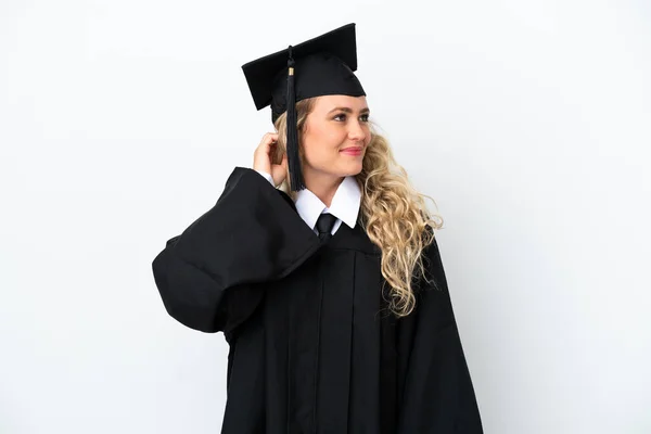 Joven Graduada Universitaria Aislada Sobre Fondo Blanco Teniendo Dudas — Foto de Stock