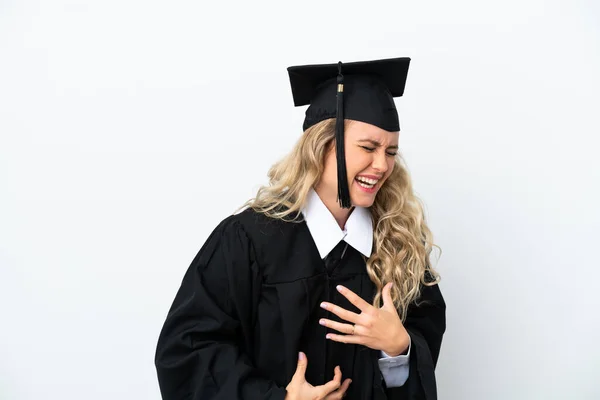 Jovem Universitária Graduada Mulher Isolada Fundo Branco Sorrindo Muito — Fotografia de Stock