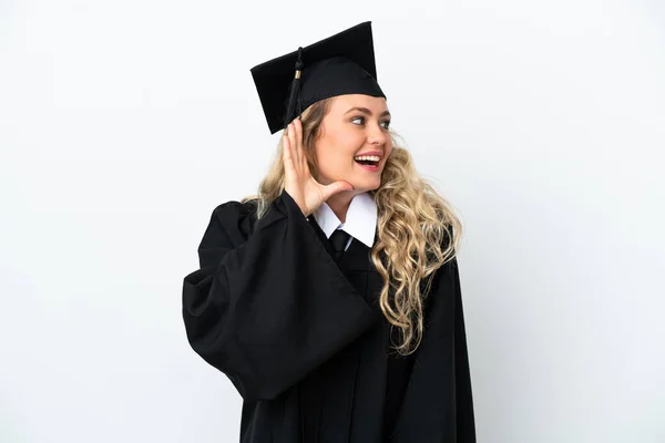 Jovem Universitária Graduada Mulher Isolada Fundo Branco Ouvir Algo Colocando — Fotografia de Stock