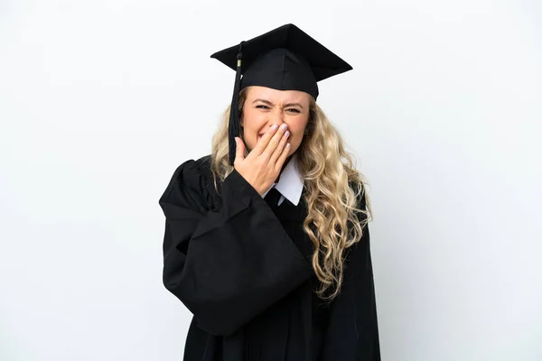 Jovem Universitária Graduada Mulher Isolada Fundo Branco Feliz Sorrindo Cobrindo — Fotografia de Stock