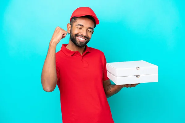 Livraison Pizza Homme Brésilien Avec Uniforme Travail Ramasser Des Boîtes — Photo