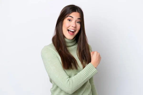 Joven Brasileña Aislada Sobre Fondo Blanco Celebrando Una Victoria —  Fotos de Stock