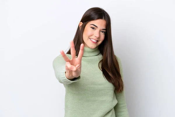 Young Brazilian Woman Isolated White Background Happy Counting Three Fingers — ストック写真