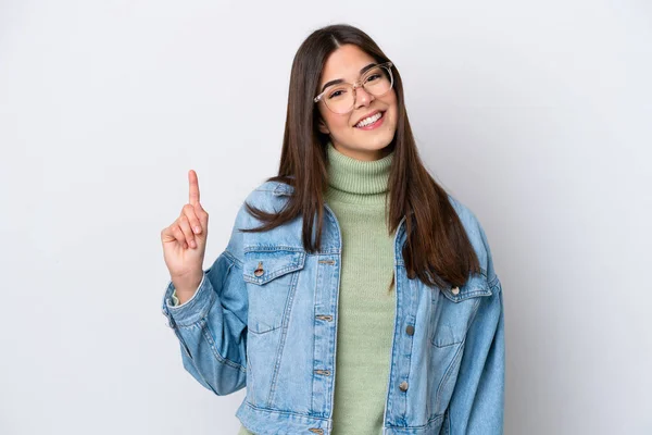 Young Brazilian Woman Isolated White Background Showing Lifting Finger Sign — ストック写真