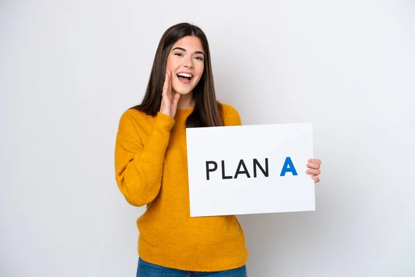 Jovem Brasileira Isolada Fundo Branco Segurando Cartaz Com Mensagem Plan — Fotografia de Stock