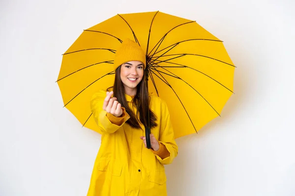 Young Brazilian Woman Rainproof Coat Umbrella Isolated White Background Making — ストック写真