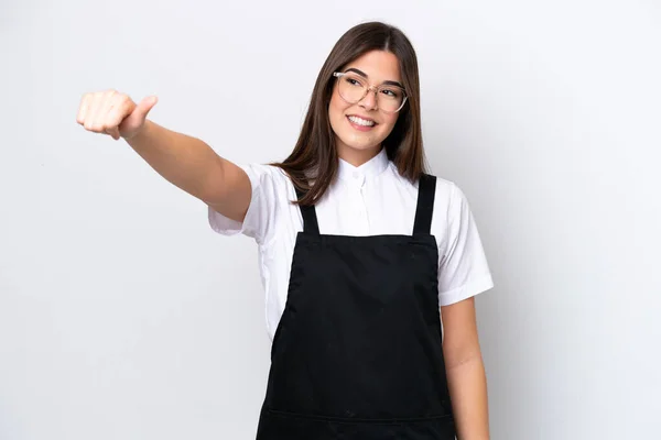 Restauracja Brazylijski Kelnerka Kobieta Izolowane Białym Tle Dając Kciuki Górę — Zdjęcie stockowe