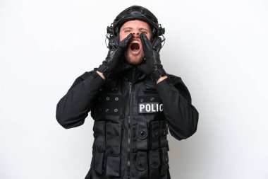 Brazilian soldier man isolated on white background shouting and announcing something