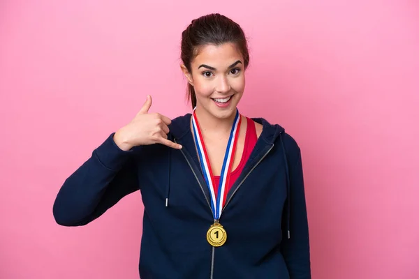 Young Brazilian Sport Woman Medals Isolated Pink Background Making Phone — Stock Photo, Image