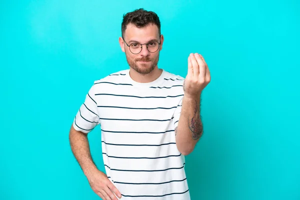 Young Brazilian Man Isolated Blue Background Making Italian Gesture — Stockfoto