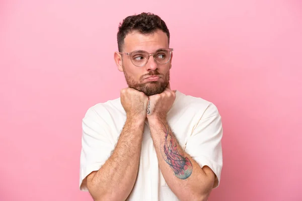 Young Brazilian Man Isolated Pink Background Glasses Tired — Fotografia de Stock