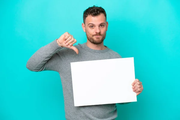 Young Brazilian Man Holding Empty Placard Isolated Blue Background Holding — Stock fotografie
