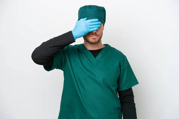 Surgeon Brazilian Man Green Uniform Isolated White Background Covering Eyes — Stockfoto