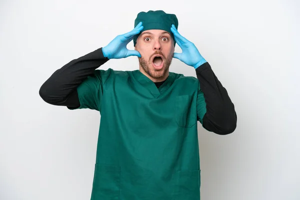 Surgeon Brazilian Man Green Uniform Isolated White Background Surprise Expression — Φωτογραφία Αρχείου
